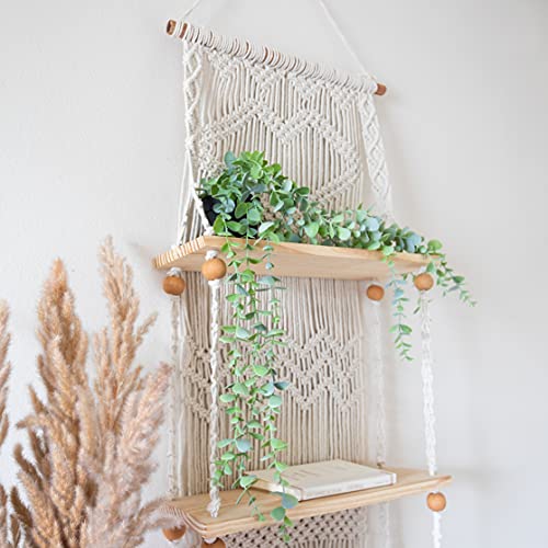 SnugLife Macrame Wall Hanging Shelf - 3 Tier Wall Plant Hanger Shelves with Handmade Woven Rope - Boho Shelves Organizer for Kitchen, Bathroom, Home Storage, Floating Plant Shelf (Pine Wood) - size: 3 Tier