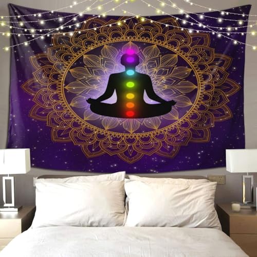 RTAFGU Chakra Meditation Tapestry, Mandala Chakra Meditation, Spiritual Energy Yoga Galaxy Art Aesthetic Wall Hanging Tapestries for Living Room, Bedroom, Dorm Party Home Decoration 91" L x 71" W - color: Chakra Meditation_1502, size: 91"L x 71"W