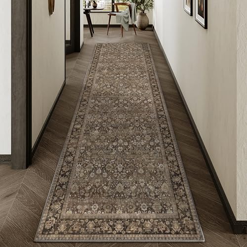 HUGEAR 2'6''x10 Runner Rug Machine Washable Brown Hallway Area Rug Indoor Accent Rug Floral Low Pile Carpet Soft Throw Rug Bedroom Living Room Office Dining Room Kitchen Laundry Room Non Slip - color: Floral | Brown, size: 2'6" x 10' (Runner)