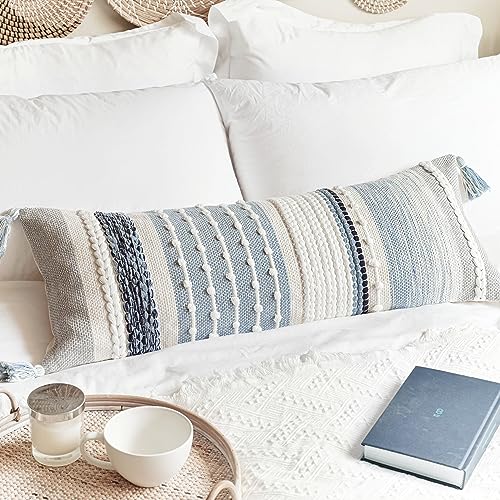 BlissBlush Coastal Blue Decorative Lumbar Pillow Cover 14x36 Boho Long Body Pillow for Bed Farmhouse Lumbar Throw Pillow for Couch Modern Accent Textured Throw Pillowcase - color: Coastal Blue, size: 36" x 14" (Pack of 1)