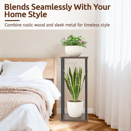 Oppro 2 Tier Plant Stand Indoor, 28In Tall Corner Vertical Wood Metal Square Shelf, Modern Black Large Planter Table Heavy Duty Flower Pot Holder Rack for Narrow House Living Room Floor Orchid, Oak - color: Oak-2 Tier