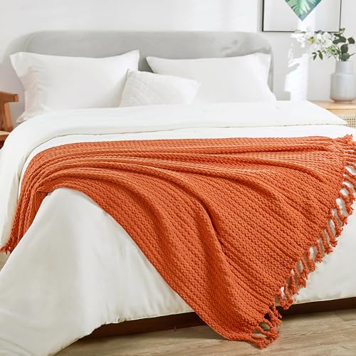 Striped Knit Throw Blanket with Braided Tassels 50" x 60", Hand Knitted Soft Chunky Chain Design Boho Farmhouse Blanket, Solid Color Tassel Decor Throw for Couch Bed Sofa Outdoor, Burnt Orange - color: Burnt Orange