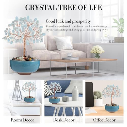Aquamarine Crystal Tree with Ceramic Base,Natural Gemstone Feng Shui Money Tree for Wealth,Good Luck & Positive Energy,Handmade 5 Inch Healing Abundance Bonsai for Home Office Decor - color: Aquamarine Vase Tree-2