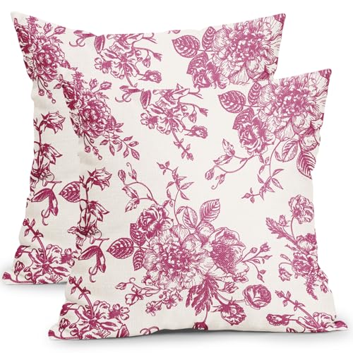 Hot Pink and Cream Floral Pillow Covers 18x18 Inch Set of 2 Vintage Floral Throw Pillow Covers Chinoiserie Flower Pillowcases Rustic Farmhouse Cotton Linen Cushion Covers for Couch Bed Sofa Decor - color: Hot Pink, size: 18" x 18" (Pack of 2)