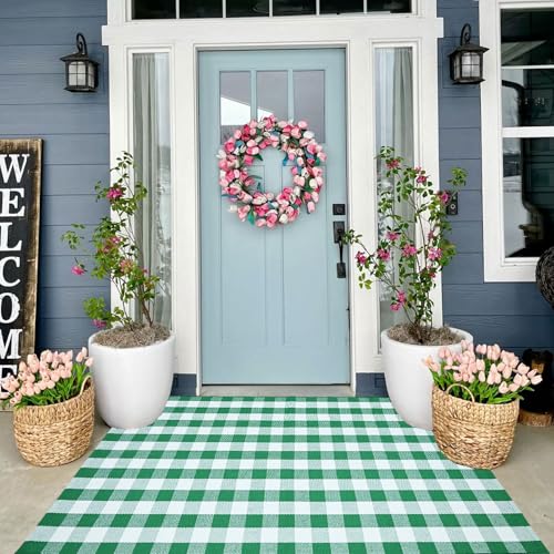 CAINANEL Buffalo Plaid Outdoor Rug Green and White Spring Door Mat Layering Rug Welcome Doormats for Spring Easter Farmhouse Entrance Porch Outdoors Decor - color: Green and White, size: 3' x 5' (Rectangular)