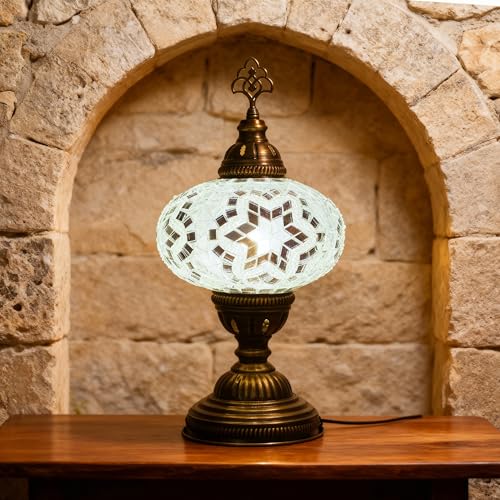 Turkish Lamp, Mosaic Table Lamp, Antique Moroccan Decorative Glass Bohemian Vintage Lamp Shade, Small Desk Tiffany Bedside Stained Glass Lamp with US Plug and E12 Socket - color: White-47