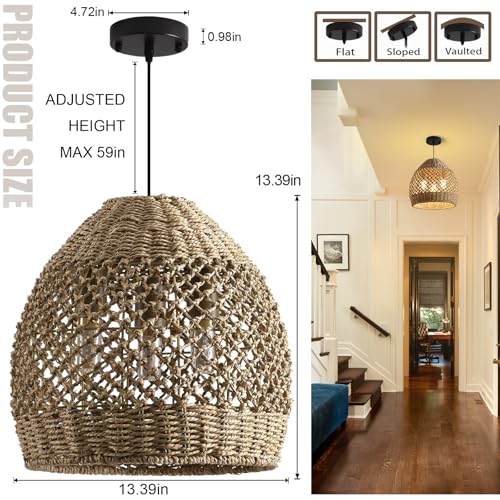 Rattan Pendant Light 13.39" Boho Coastal Hanging Wicker Hand-Woven Seagrass Chandelier for Kitchen Islands Farmhouse 3-Light - size: 3-Light 13.39 inch
