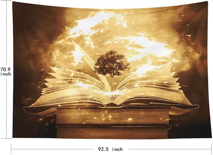 EMMTEEY Vintage Book Ceiling Tapestry 92.5X70.9 Inch - Knowledge Tree Living Room Wall Decor Dark Academia Witchy Backdrop for Study Room Office