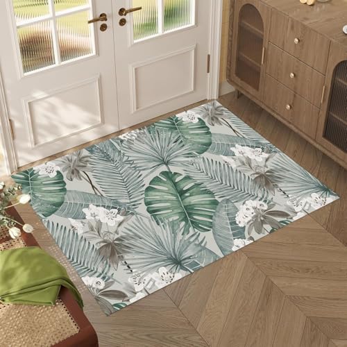 Floral Area Rug 1.5 x 2.5ft for Living Room, Washable Rug for Bedroom Kitchen with Rubber Backing, Soft Non Slip Low Pile Flower Print Rugs for Dining Room Nursery Home Decor Carpet - color: Moss Green and Soft Gray, size: 1.5 x 2.5ft / 18 x 30in / 45 x 7