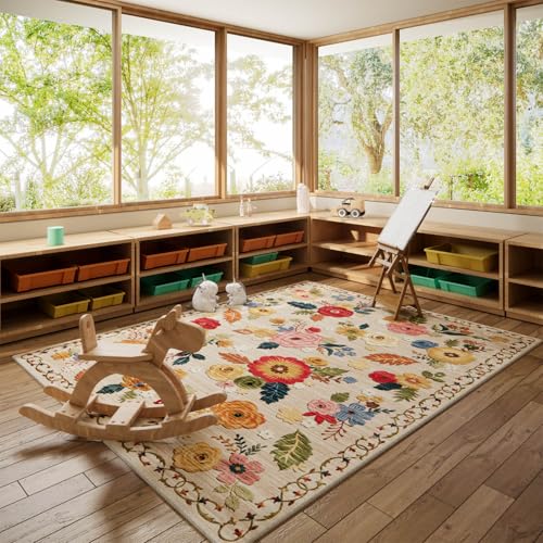 8x10 Area Rugs for Living Room: Washable Rug Non Slip Low Pile Soft Faux Wool Non Shedding Distressed Vintage Floral Large Area Rugs for Bedroom Dining Room Nursery Under Table Farmhouse Home Office - color: Beige Floral, size: 8' x 10' (Rectangular)