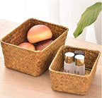 DOKOT Small Woven Wicker Open Storage, Rectangular Handmade Seagrass Baskets for Home, Bathroom Organization（Set of 3）