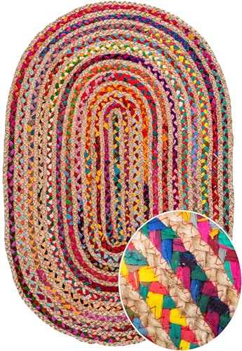 Savi Home Oval Jute Cotton Chindi Rug 3'x5' – Multicolor Braided Area Rug for Living Room, Kitchen, Entryway, Farmhouse & Bathroom – Handwoven Recycled Cotton Floor Mat