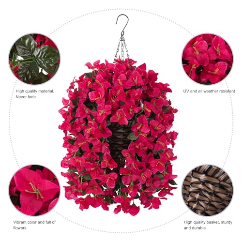 Bougainvillea Artificial Hanging Fake Flowers with Basket for Outdoors Decoration, Faux Silk Flowers UV Resistant Fake Plants Long Vines Realistic for Outside Front Door Balcony Porch Patio, Hotpink - color: Hotpink