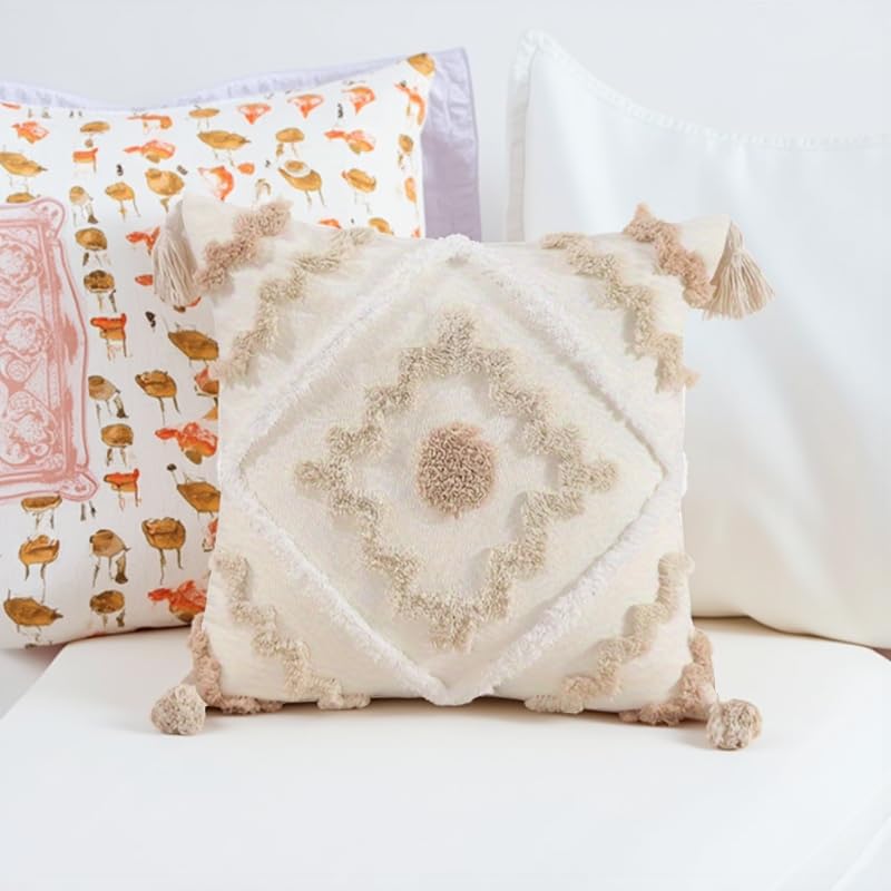 Andreannie Pack of 2 Boho Tufting Throw Pillow Cover Embroidered Textured Cushion Cover with Tassels Soft Home Decororative for Couch Sofa 18x18 inch (Boho Cream) - color: Boho Cream