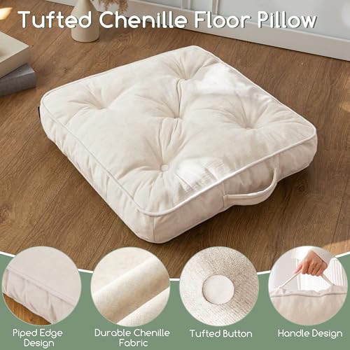 HIGOGOGO Large Floor Pillow Cushion for Adults, Meditation Cushion Pillow with Handle, Lustrous Chenille Tufted, Square Floor Sitting for Tatami Living Room or Yoga, 22x22 Inch, Beige - color: Square Beige, size: 4" Thick(Pack of 1)