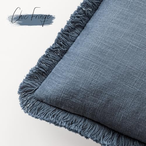 Foindtower Decorative Linen Fringe Throw Pillow Covers Cozy Boho Farmhouse Cushion Cover with Tassels Accent Pillowcase for Chair Sofa Bed Living Room Home Decor, 16×16 Inch,1PC,Dark Blue - color: Blue Ashes, size: 16" x 16" (Pack of 1)