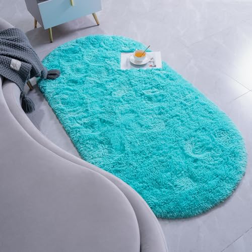 Goideal Fluffy Bedroom Rug, Small Oval Area Rugs, Teal Shag Bedside Carpet for Kids Room Nursery Dorm Cute Fuzzy Indoor Decor for Boy and Girl, 2.6 x 5.3 Feet - color: Teal
