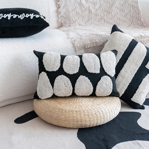 Black White Boho Chunky Tufted Pillow Cover, Neutral Decorative Oblong Throw Pillow Case, Geometric Woven Modern Sham for Bed Couch Living Room, 12x20 inches, 1PCS - color: Black, size: 20" x 12" (Pack of 1)