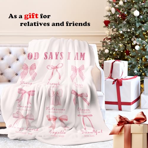 Coquette Pink Bow Christian Throw Blanket for Couch, Christian Gifts for Women Girls, God Says I Am Bible Verse Throw Blanket for Girls Bedroom Living Room Home Decoration, 50x60 Inches - color: Color_13
