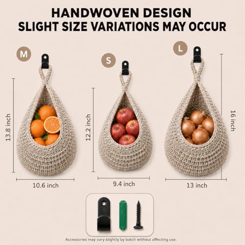 Boho Decor Hanging Fruit Baskets for Kitchen, 3 Pack Handwoven Teardrop Wall Hanging Baskets with Hooks, Storage for Fruits, Onions, Vegetables & Potatoes, 3 Sizes for Home, Light Linen - color: Large-Light Linen