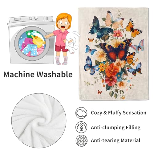 Butterfly Blanket Retro Floral Bloom Throw Blankets,Birthday Gifts for Kids Women Girls,Lightweight Soft Fleece,with Colorful Flower,Sofa Couch Bed Room Modern Decor 50x60in - color: Butterfly, size: 50x60in