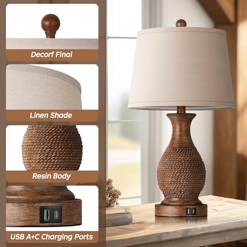 PARTPHONER Table Lamps Set of 2, Bedside Touch Lamp with USB C+A Charging Ports, Side Table Lamp with Linen Fabric Shade (LED Bulbs Included), Wood - size: Wood 22.6" Touch Lamp