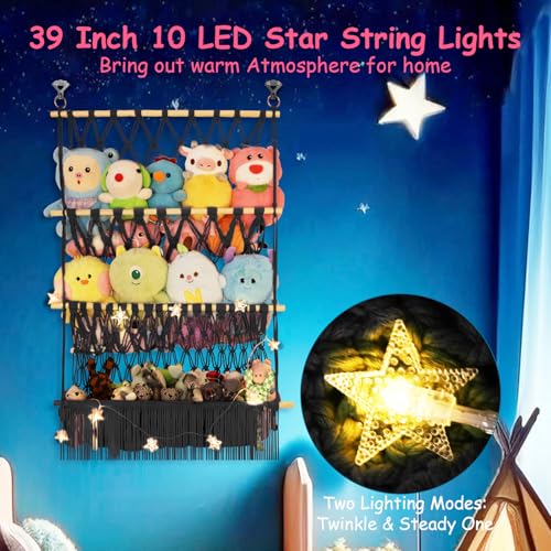 3 Tier Wall Hanging Stuffed Animal Shelf, 24x39 Inch Large Stuffy Storage Holder w/ LED Light & Clips for Mini Medium Plushies Teddy, Black Boho Macrame Toy Hammock Display for Nursery Kids Girls Boys - color: Black, size: Large-3 Tier-24x39 Inch