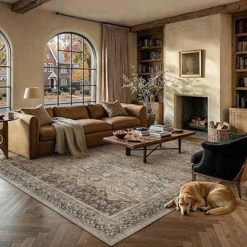 HUGEAR 9x12 Area Rugs Retro Brown Washable Rug for Living Room Large Vintage Boho Bedroom Rug No Shedding Soft Durable Low Pile Carpet Non Slip Indoor Home Decor Floor Mat - color: Taupe Brown, size: 9' x 12' (Rectangular)