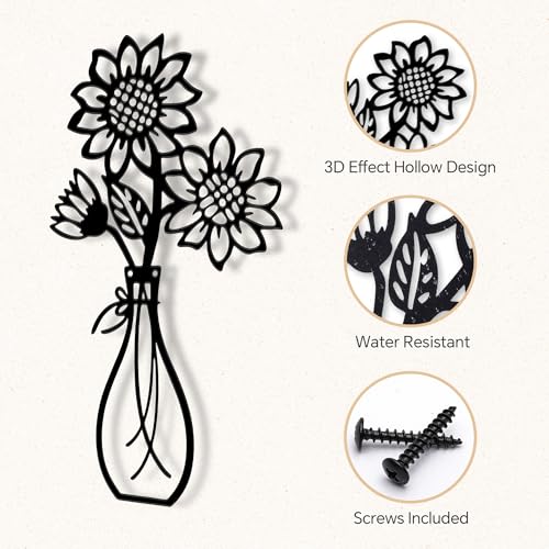 Mcdagogn 3 Pieces Metal Flowers Wall Arts - Rustic Farmhouse Wall Decor, Minimalist Black and White Wall Decor for Living room Bathroom Bedroom Dining Room Kitchen Office - Housewarming Gifts - color: Black 1