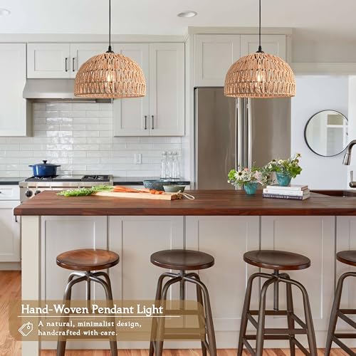 Brown Rattan Light Fixture 15ft Plug In Pendant Light Woven Pendant Light Boho Chandelier Wicker Pendant Light Boho Pendant Light Plug In for Dining Room Kitchen Island Bedroom(Bulb Incl.) - color: 12.2" Natural Plug In
