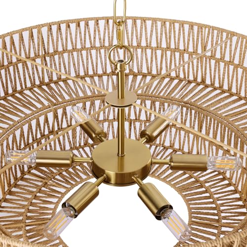 26 Inch Boho Rattan Chandelier, 6-Lights Hand Woven Bohemian Chandeliers with 2-Tier Drum Wicker Shade, Modern Farmhouse Large Pendant Light Fixture for Dining Room Living Entryway Bedroom - color: Gold Metal, size: 26 Inch