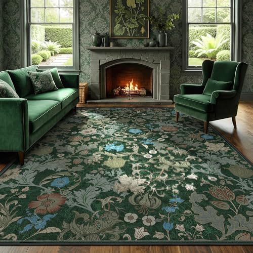 Forest Green Floral Area Rug 5x7 for Living Room, Washable Vintage Farmhouse Botanical Rug, Non Slip Low Pile Thin Floor Carpet, Soft Decorative Rug for Bedroom Dining Room Home Office - color: Green, size: 5'x7'