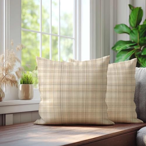 Plaid Throw Pillow Covers 18x18 Set of 2 | Beige Cream Decorative Cushion Covers | Neutral Farmhouse Pillow Cases for Couch Sofa Bed Living Room - color: Grid Lines