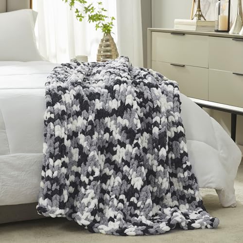 Amélie Home Chunky Knit Throw Blanket for Couch, Soft Chenille Handmade Crochet Throw Rope Knot Blanket for Couch, 50"x60", Space-Dyed Black - color: Black&white, size: 50"x60"