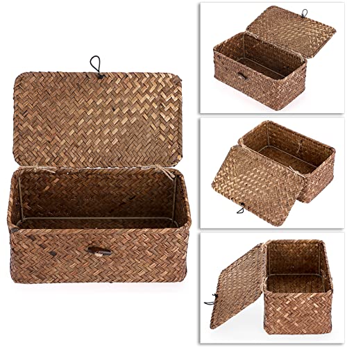 Hipiwe Wicker Shelf Baskets Bin with Lid, Handwoven Seagrass Basket Storage Bins Rectangular Household Basket Boxes for Shelf Wardrobe Home Organizer, Coffee X-Small - color: Coffee, size: X-Small