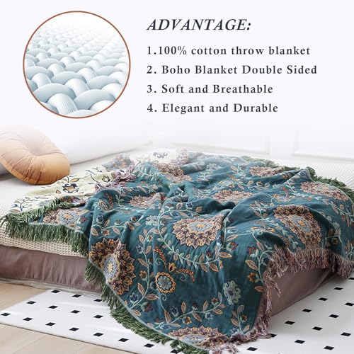 Snycler Boho Throw Blanket for Bed - 100% Cotton Ultra Soft Rustic Quilt - Blue Green Floral Printed Farmhouse Decor Bed Blankets, 60"×80" All Season Rustic Throw for Sofa Couch Chair - color: Blue Green Floral, size: 60"x80"