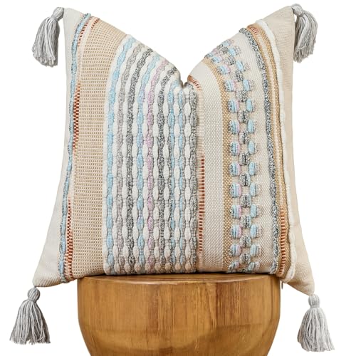 AmHoo Chenille Striped Textured Boho Throw Pillow Covers Aesthetic with Tassels Woven Decorative Pillow Case for Couch Bed Sofa Bedroom Modern Funky 18 x 18-Inch White Multicolor - color: White Multicolor, size: 18" x 18" (Pack of 1)
