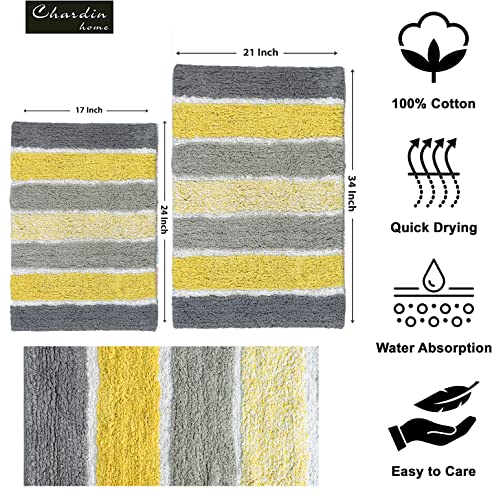 Chardin home Cordural Stripes Bath Mat, Set of 2 Bath Rugs (17 Inches x24 Inches & 21 Inches x34 Inches) | Non Slip Bathroom Rug, Machine Washable, Plush, Highly Absorbent | Yellow- Grey & White - color: Yellow-grey