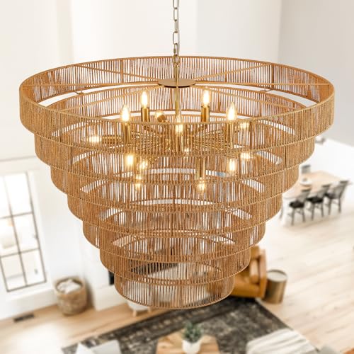 39.4" Large Rattan Chandelier 15-Lights Farmhouse Boho Woven Bamboo Chandelier Rustic Drum Wicker Rattan Golden Chandeliers for Dining Room, Kitchen, Living Room, Entryway, E12 - color: Gold 39IN