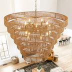 39.4" Large Rattan Chandelier 15-Lights Farmhouse Boho Woven Bamboo Chandelier Rustic Drum Wicker Rattan Golden Chandeliers for Dining Room, Kitchen, Living Room, Entryway, E12 - color: Gold 39IN