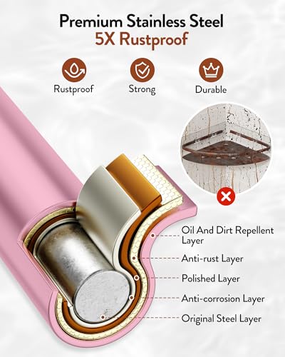 Orimade Corner Shower Caddy with 2 Hooks Wall Mounted Metal Bathroom Shelf Storage Organizer Adhesive No Drilling 2 Pack, Pink Only for 90-Degree Corner - color: Pink