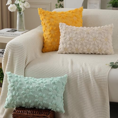 DFXSZ Spring Summer Pillow Covers 12x20 inch Set of 2 Farmhouse Decor Yellow Flower Heart Sunflower Beige Soft Plush Faux Fur Jacquard Throw Pillows for Sofa Holiday Spring Home Decor PTK024E12 - color: Beige, size: 20" x 12" (Pack of 2)