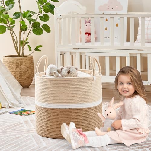KAKAMAY Large Blanket Basket (18"x18"x16"),Woven Baby Laundry Hamper for Storage, Cotton Rope Blankets Baskets for Nursery, Laundry, Living Room, Pillows, Baby Toy chest with Handles (Light Brown) - color: Light Brown