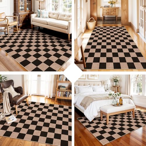 4x6 Jute Area Rug Washable: Non-Slip Indoor Floor Mat - Carpet for Living Room Entryway Kitchen Dining Room - Thin Low Pile Rugs Braided Woven Durable Farmhouse Decor (Black,4x6) - color: Black, size: 4' x 6' (Rectangular)