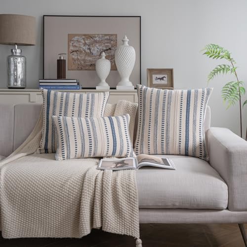 Cethom Blue and Beign Boho Throw Pillow Covers 22x22 Inch Set of 2, Stripe Textured Decorative Couch Pillow Cases for Bed, Sofa, Living Room, Bedroom, Farmhouse Home Accent Cushion Covers - color: Blue, size: 22" x 22" (Pack of 2)