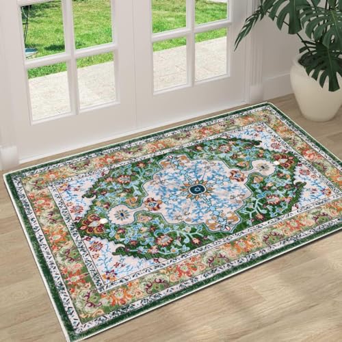 U'Artlines Washable Boho Area Rug, 2x3 Small Soft Non Slip Vintage Doormat for Indoor Front Door Green Mat Carpet for Entryway Kitchen Bathroom Bedroom - color: Green, size: 2' x 3' (Runner)