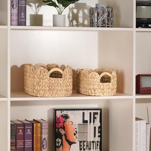 iEGrow Scalloped Wicker Basket, Set of 2 Hand-Woven Natural Rattan Baskets with Built-in Handles, Water Hyacinth Storage Oval Cute Baby Baskets for Nursery, Organizing, Decor and Shelves - size: Oval