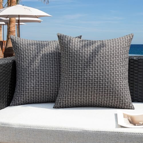Kevin Textile Outdoor Waterproof Throw Pillow Covers Pack of 2 Weaving Texture Water Resistant Outside Decorative Cushion Covers for Garden Patio Tent Balcony Bench Couch Sofa 16x16 Inch, Dark Grey - color: Dark Grey, size: 16" x 16" (Pack of 2)