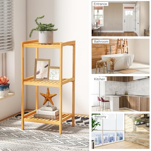 kinbor 3-Tier Bamboo Shelf Freestanding - Space-Saving Bathroom Standing Shelf & Plant Stand, 3 Shelf Bookcase for Kitchen, Living Room, Office (Natural Bamboo, Easy Assembly) - size: 3-Tier
