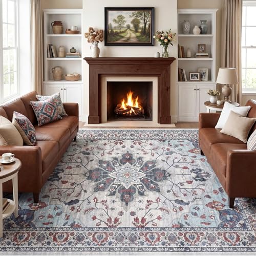9x12 Area Rugs for Living Room, Machine Washable Boho Vintage Rug, Waterproof Surface & Non-Slip Backing, Foldable Soft Low Pile Floral Medallion Carpet for Bedroom Dining Room - color: Grey/Oriental Blue/Burgundy, size: 9' x 12' (Rectangular)